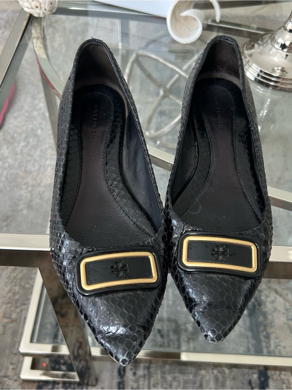 Tory Burch Black Pointed Snake-Embossed Leather Flats with Gold Plaque